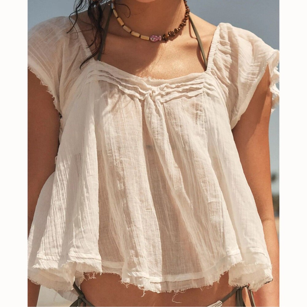 Free People Free-est  Skye Blouse Cropped Top Sheer Short Sleeve Cotton S 290907